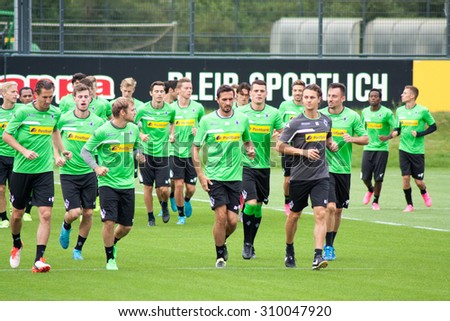MONCHENGLADBACH, GERMANY - 26th AUGUST, 2015: Professional football players during training session of german football club VFL Borussia Monchengladbach.