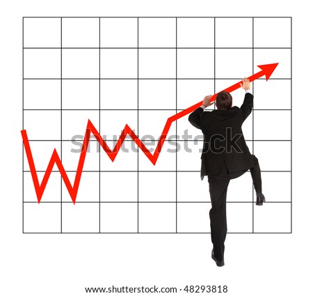 A young businessman climbing up a positive chart. All on white background.