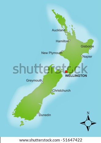 stock photo : A stylized map of New Zealand showing different cities.