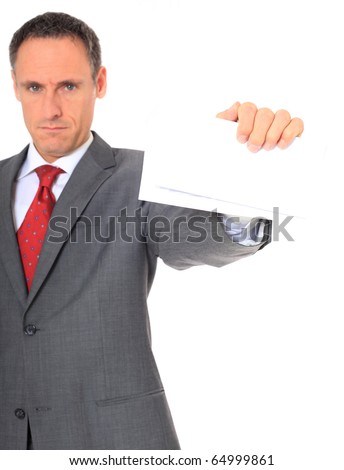 Serious businessman holding letter. Extra text space. All on white background.