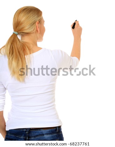 Attractive blonde woman using marker. All on white background.
