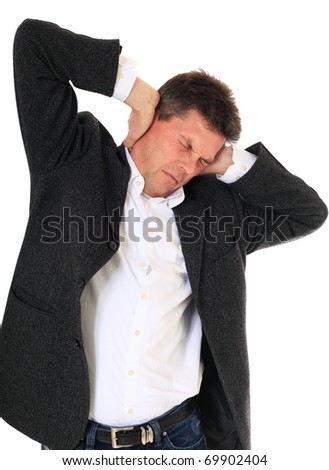Attractive middle-aged man suffering from tinnitus. All on white background.