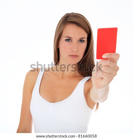 Attractive young woman showing red card. All on white background.