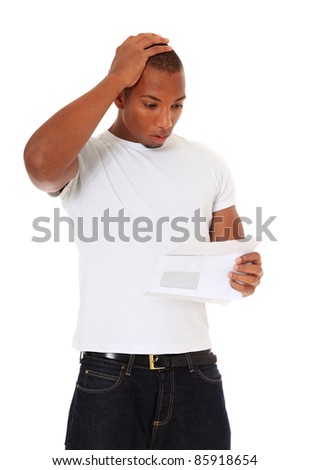 Attractive black gets shocking news. All on white background.