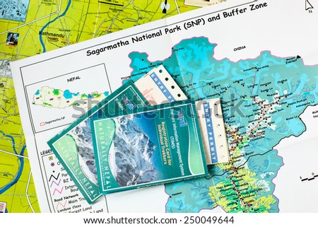 KATHMANDU, NEPAL - NOVEMBER 16: Map of Sagarmatha national park and tourist entry permits on November 16th, 2013 in Kathmandu