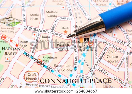 Delhi city map - pen points at Pahar Ganj - popular place for low-budget tourists, known its affordable hotels, restaurants and shops