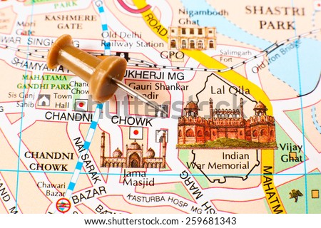 MOSCOW, RUSSIA - FEBRUARY 11: Detail of Delhi city map - focus on Red Fort (Lal Qila), ancient residence of Shah Jahan (the Mughal emperor of India) on February 11, 2015 in Moscow