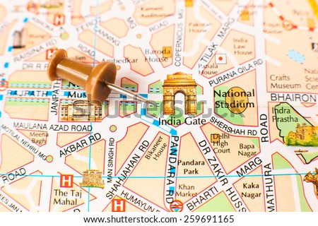 MOSCOW, RUSSIA - FEBRUARY 11: Detail of Delhi city map - focus on India Gate (All India War Memorial)  on February 11, 2015 in Moscow