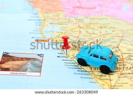 MOSCOW, RUSSIA - MARCH 23: Kerala map detail - concept of car journey  to Varkala, popular tourist destination in southern Kerala (India) on March 23, 2015 in Moscow