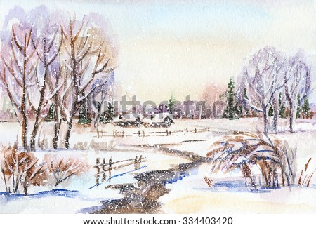 Watercolor painting: russian winter landscape