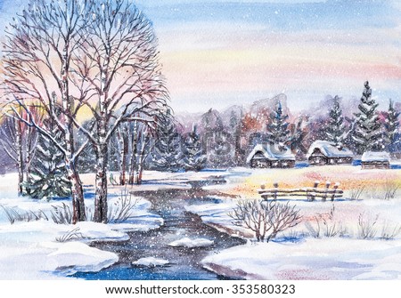 Watercolor painting: russian winter village landscape