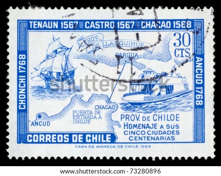 REPUBLIC OF CHILE - CIRCA 1968: A stamp printed in the Chile features vintage sailboats and map of Chile, circa 1968