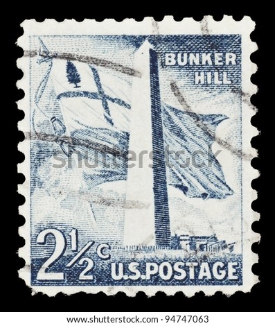 UNITED STATES - CIRCA 1977: A postage stamp printed in the United States features the Bunker Hill Monument in Charlestown, Massachusetts, circa 1977