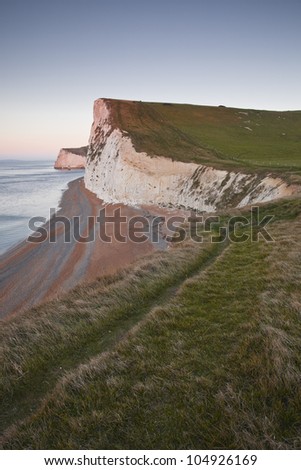 The view looking towards Bat\'s Head near to Durdle Door on the Dorset and Jurassic Coastline in southern Britain.