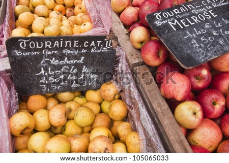 A variety of locally grown apples for sale at the market in Tours, France. Touraine is the name that the area is known as locally.