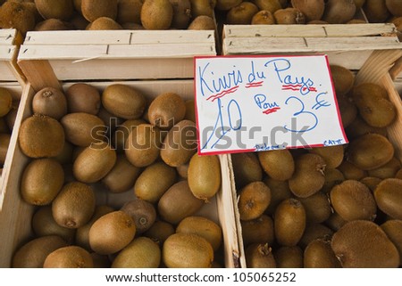 Kiwi fruit from Dordogne on sale at the twice weekly market in Tours, France.