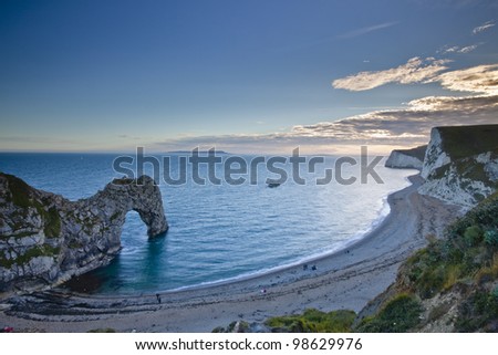 Durdle Door and Bat\'s Head on the Dorset coastline.