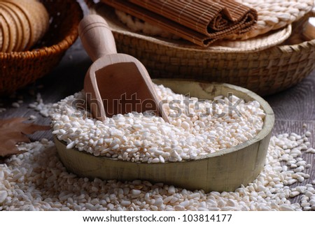 puffed rice in wooden bowl on the table
