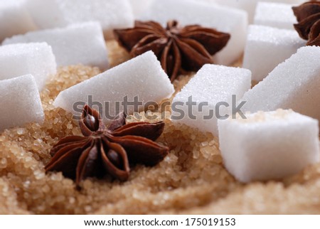 lumps of white sugar, star anise and sugar brown