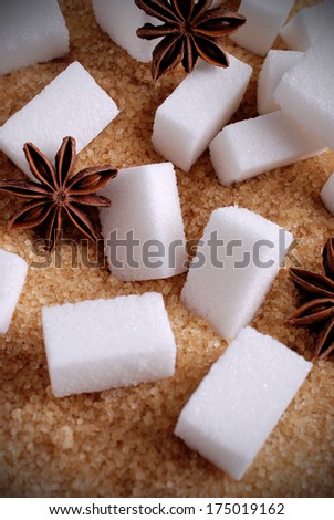 lumps of white sugar, star anise and sugar brown