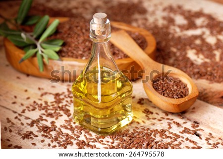 essential oil of linseed in the small glass bottle