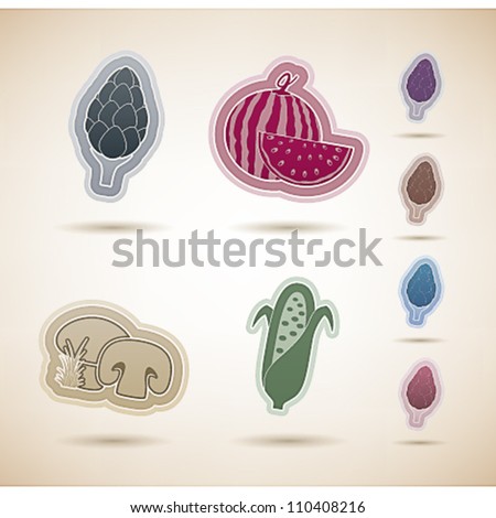 Healthy food - fruits and vegetables icons set, from left to right, top to bottom:  Artichokes, Watermelon, Mushrooms, Corncob.