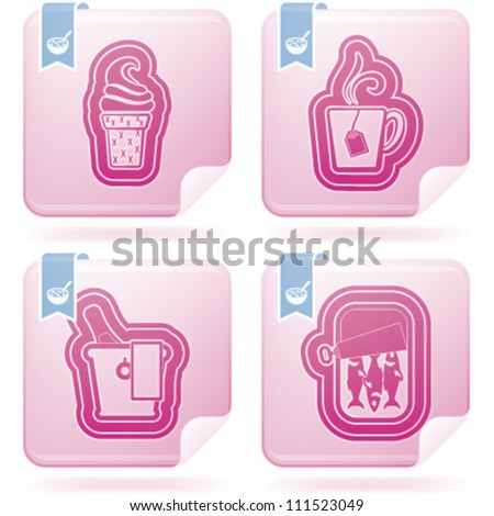 Food & drinks icons set, from left to right, top to bottom: Ice cream, Cup of tea, Champagne, Canned fish.