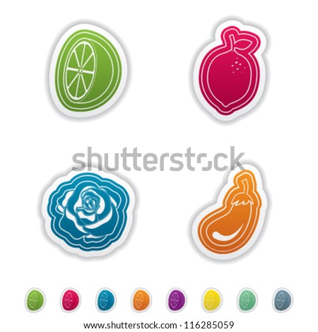 Healthy food - fruits and vegetables icons set, from left to right, top to bottom:  Orange, Lemon, Lettuce, Eggplant.
