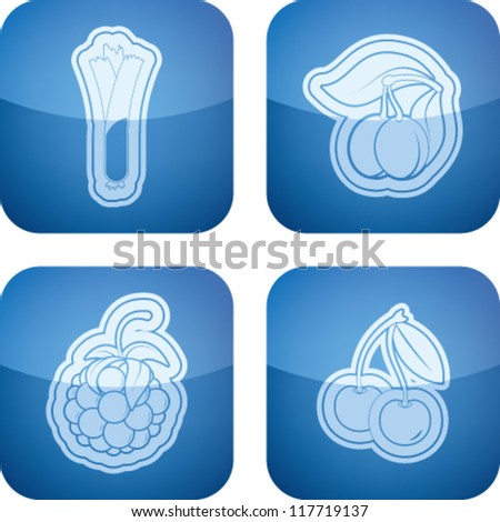 Healthy food - fruits and vegetables icons set, from left to right, top to bottom:  Leek, Plums, Raspberry, Cherries.