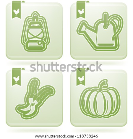 Farm (agriculture) signs, from left to right, top to bottom:  Kerosene lamp, Watering can, Pruning shears, Pumpkin.