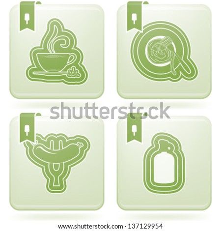 Food & drinks icons set, pictured here from left to right, top to bottom:   Coffee cup, Pasta plate, Sausage, Bottle of wine.