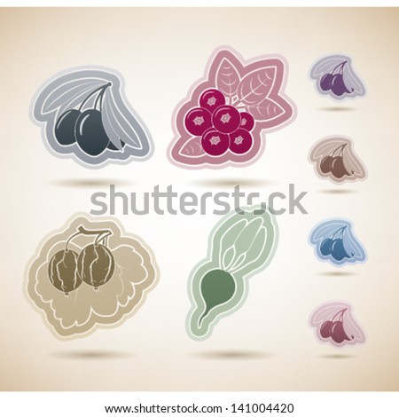 Healthy food - fruits and vegetables icons set, from left to right, top to bottom:   Olives, Cranberry (Vaccinium), Gooseberry, Beet.