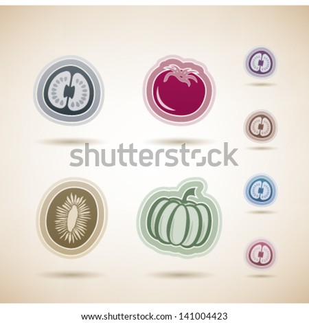 Healthy food - fruits and vegetables icons set, from left to right, top to bottom:   Passiflora edulis (passion fruit), Tomato, Actinidia (kiwi fruit), Pumpkin.