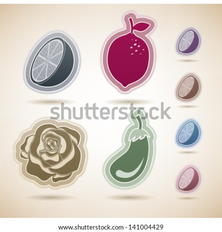 Healthy food - fruits and vegetables icons set, from left to right, top to bottom:   Orange, Lemon, Lettuce, Eggplant.