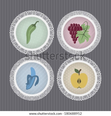 Healthy food - fruits and vegetables icons set, from left to right, top to bottom -   Chili peppers, Grapes, Banana, Apple.