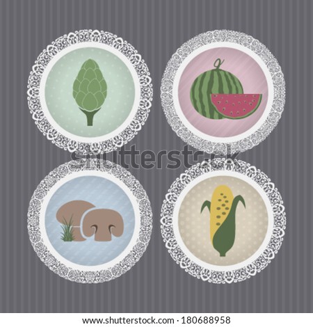 Healthy food - fruits and vegetables icons set, from left to right, top to bottom - Artichokes, Watermelon, Mushrooms, Corncob.