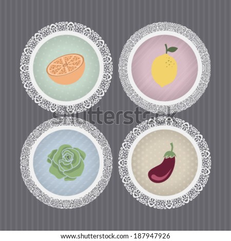 Healthy food - fruits and vegetables icons set, from left to right, top to bottom -  Orange, Lemon, Lettuce, Eggplant.
