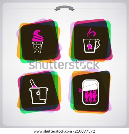 Drink & food icons set, from left to right, top to bottom - Ice cream, Cup of tea, Champagne, Canned fish.