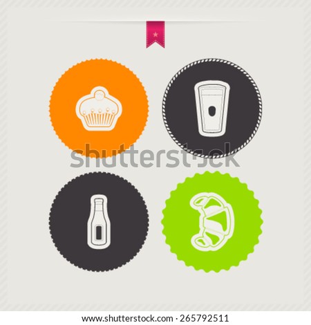 Drink & food icons set, from left to right, top to bottom - \
Muffin, Pint (beer), Ketchup bottle, Croissant.