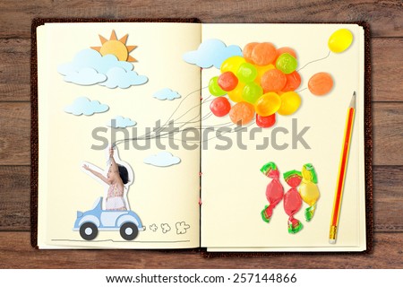 Girl driving a car and candy balloon. Design with paper craft put on book.
