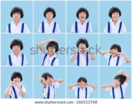 Young asian student take a photo for photo ID. Too many emotion.