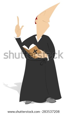The priest is holding a prayer book and preaching