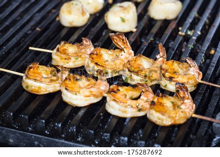 Restaurant cooking shrimp on the grill