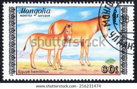 MONGOLIA - CIRCA 1988: A stamp printed in Mongolia shows animals , Equus hemionus, circa 1988