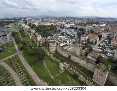 ISTANBUL, TURKEY - 15 OCTOBER 2015: Aerophotographing walls of Theodosius in Istanbul