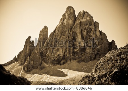 Sepia Image of the Elferkoffel, Sexten, Dolomites, Italy.