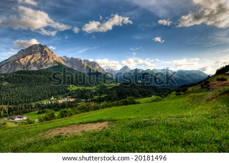 Panoramic view on late afernoon at Scuol, Switzerland.