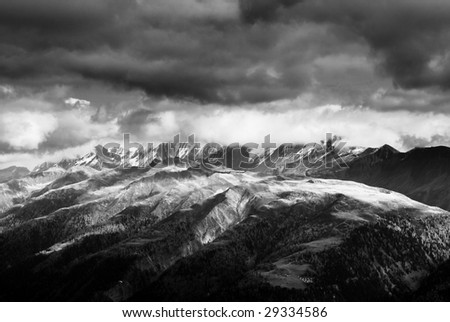 black and white image of swiss alps, view from fiescheralp, Switzerland