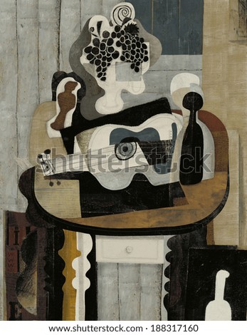 Symbolic image of still life with a guitar in the style of cubism