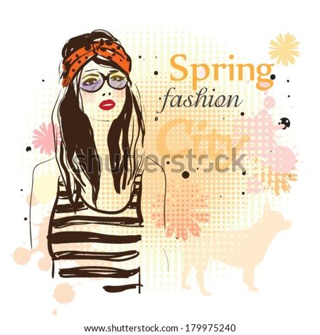 Fashion girl and spring flowers vector illustration Fashion girl and spring flowers vector illustration
